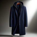 Wool Overcoat with Hood and Full-Zip for Men - Navy