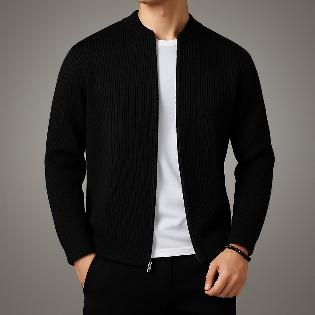 Wool Ribbed Knit Zip-Up Cardigan for Men - Black
