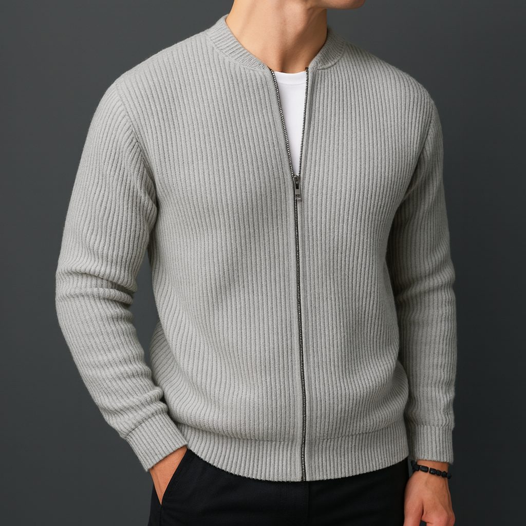 Wool Ribbed Knit Zip-Up Cardigan for Men - Gray