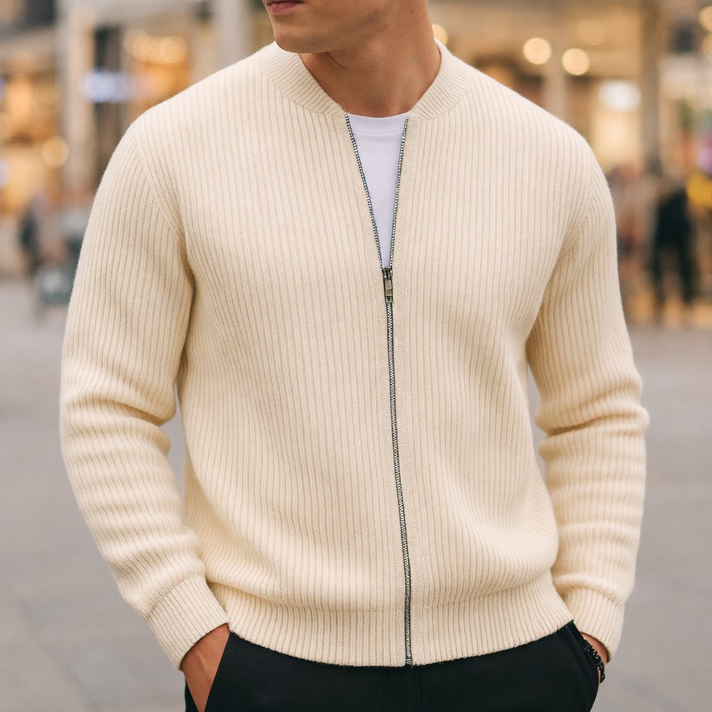Wool Ribbed Knit Zip-Up Cardigan for Men - View 2