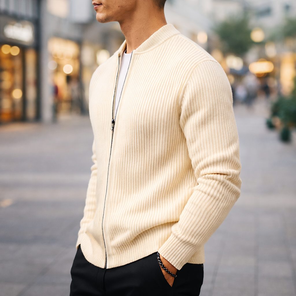 Wool Ribbed Knit Zip-Up Cardigan for Men - View 3