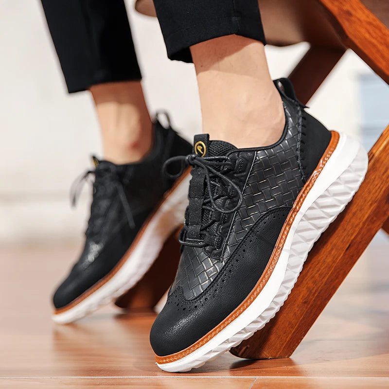 Woven Leather Brogue Lace-Up Sneakers for Men - View 11