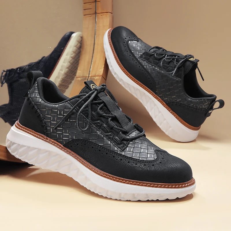 Woven Leather Brogue Lace-Up Sneakers for Men - View 12