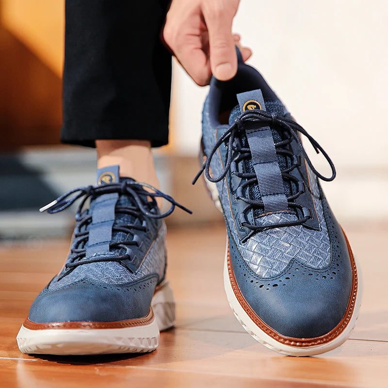 Woven Leather Brogue Lace-Up Sneakers for Men - View 3
