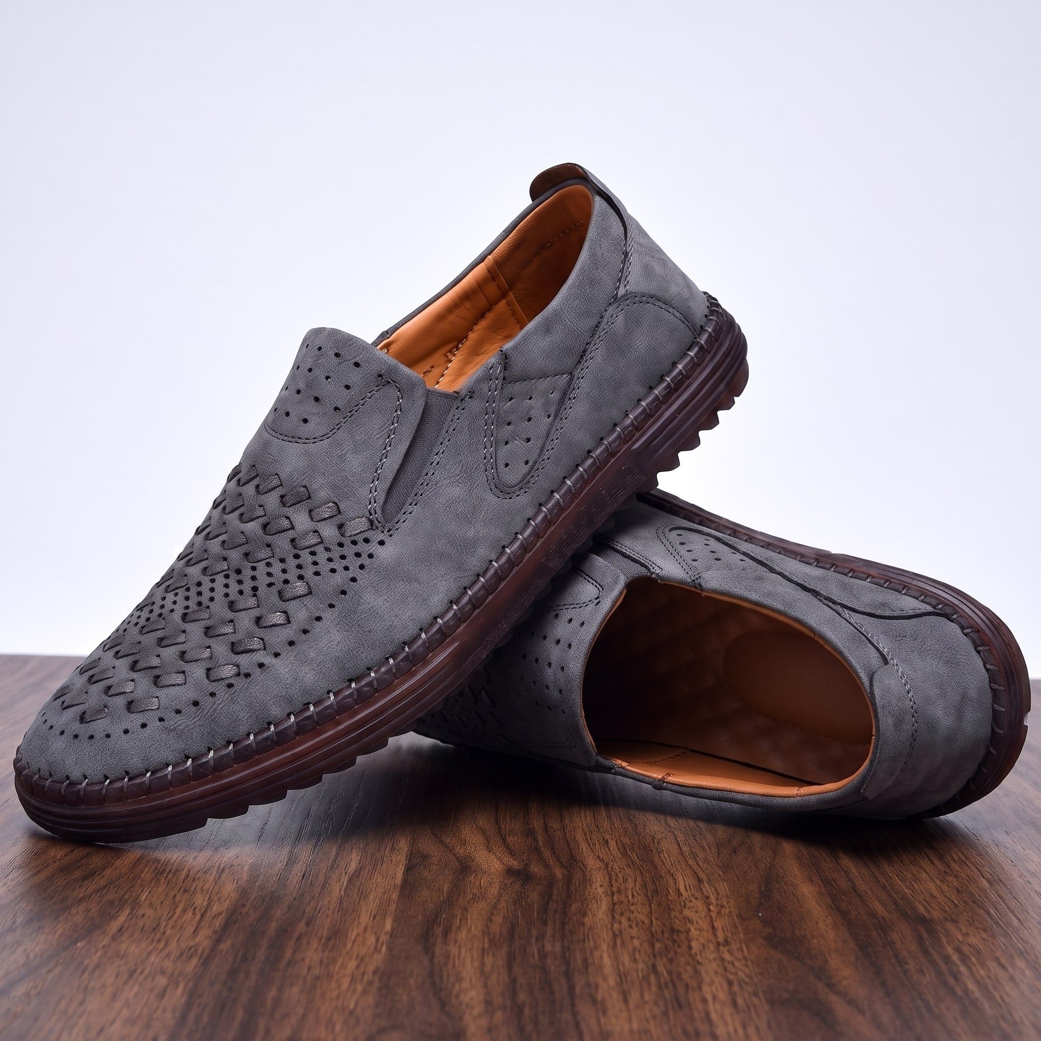Woven Slip-On Man-Made Leather Loafers for Men - Grey