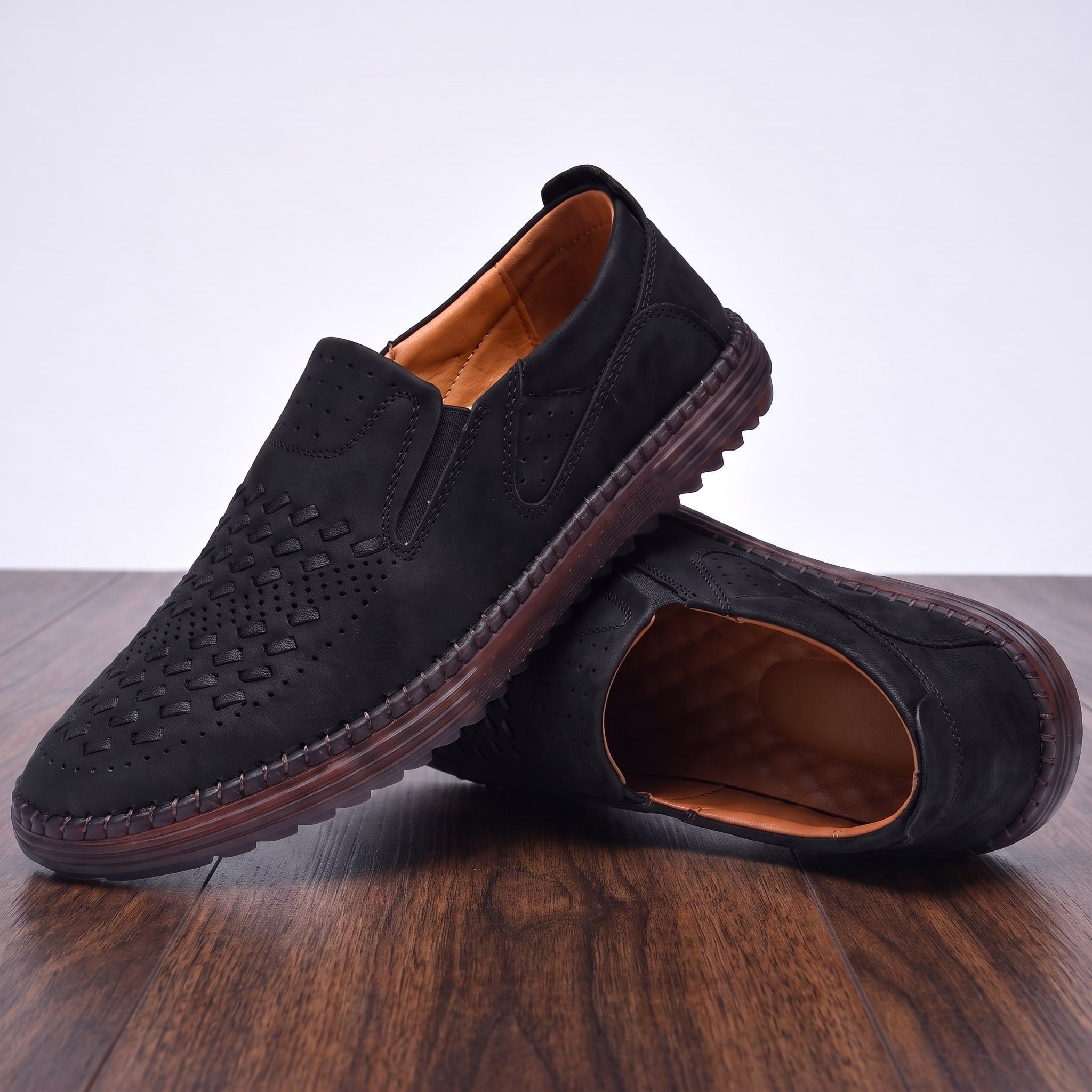 Woven Slip-On Man-Made Leather Loafers for Men - Black