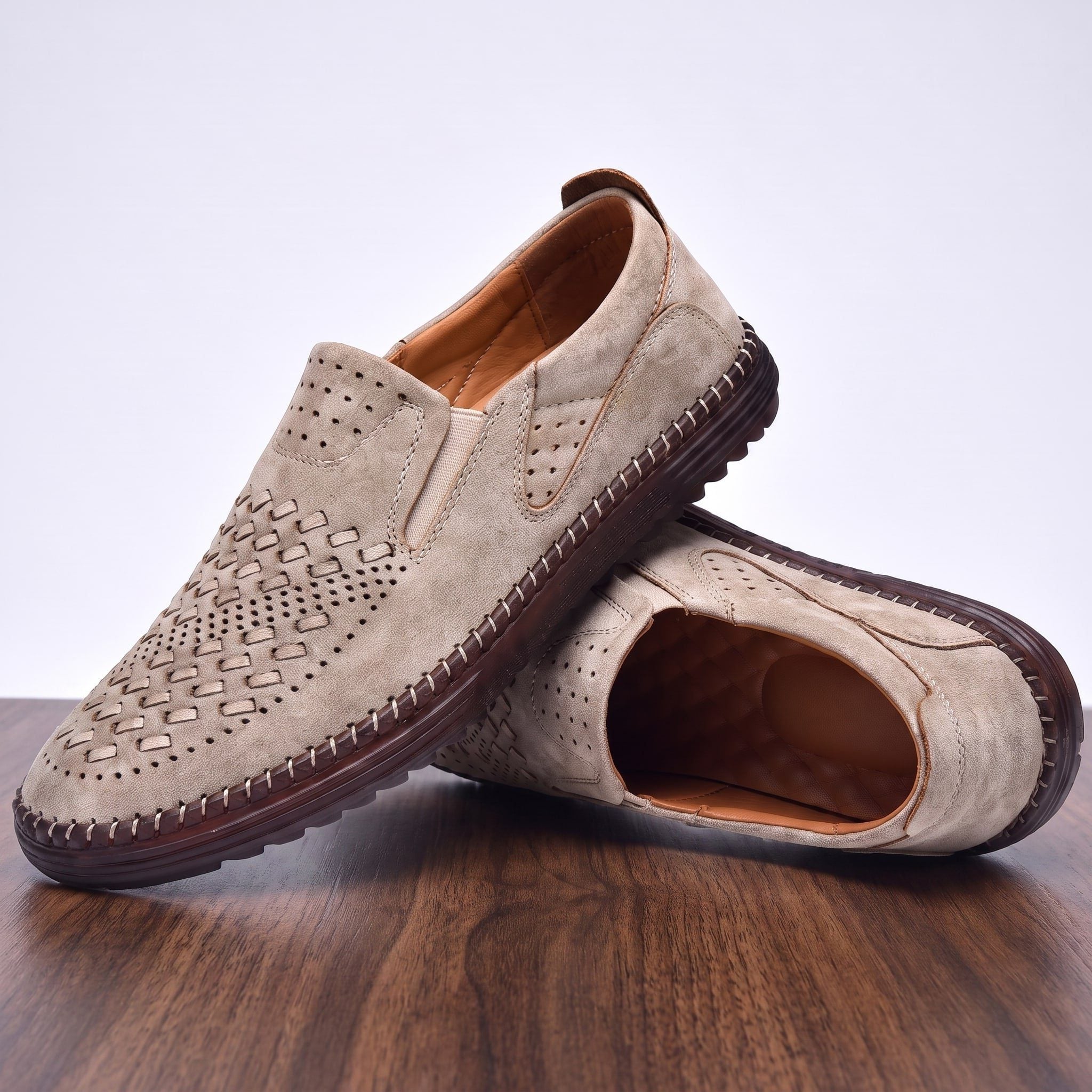 Woven Slip-On Man-Made Leather Loafers for Men - Beige
