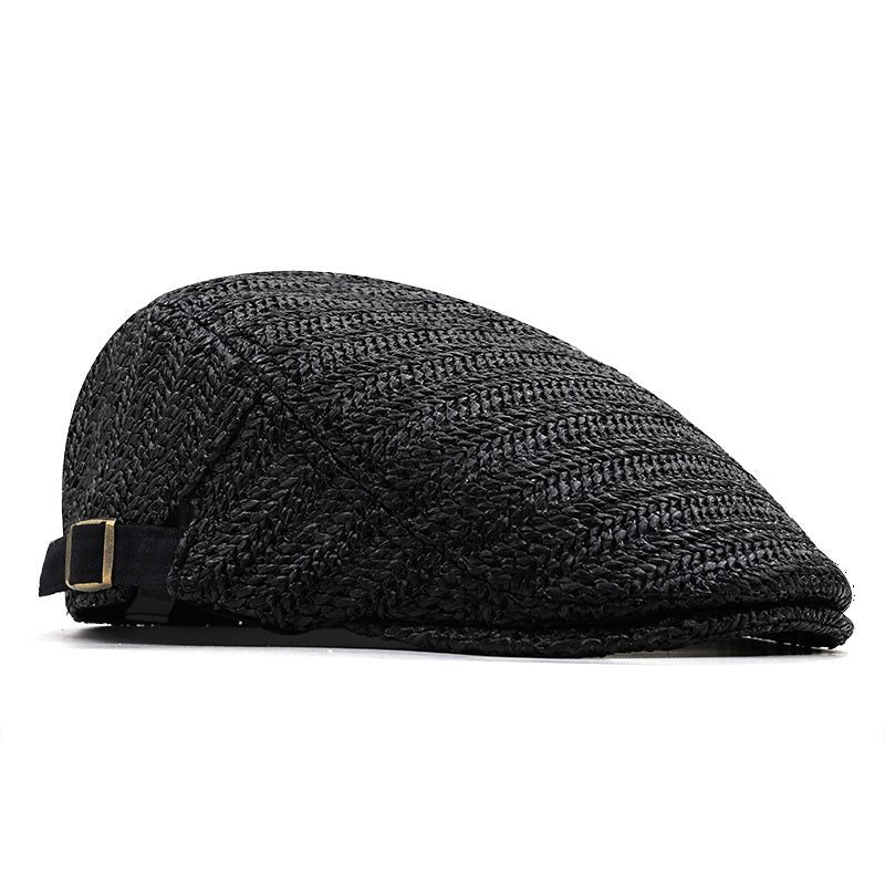 Woven Straw Flat Cap with Adjustable Back Strap for Men - Black