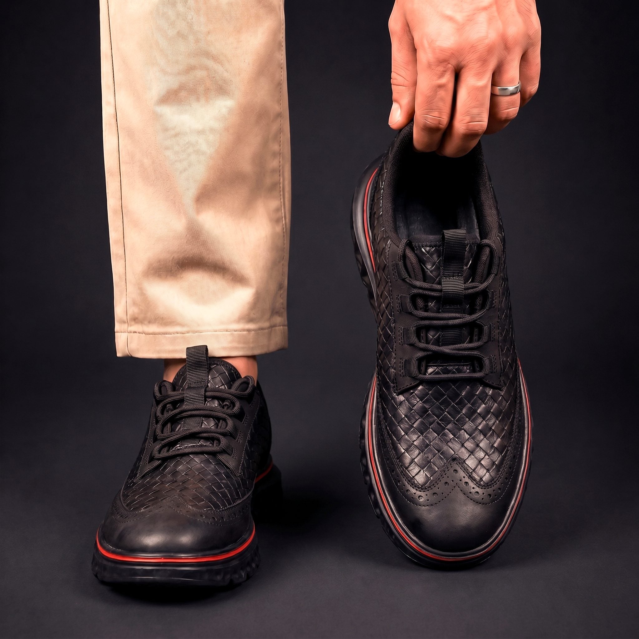 Woven Wingtip Lace-Up Leather Shoes for Men - View 12