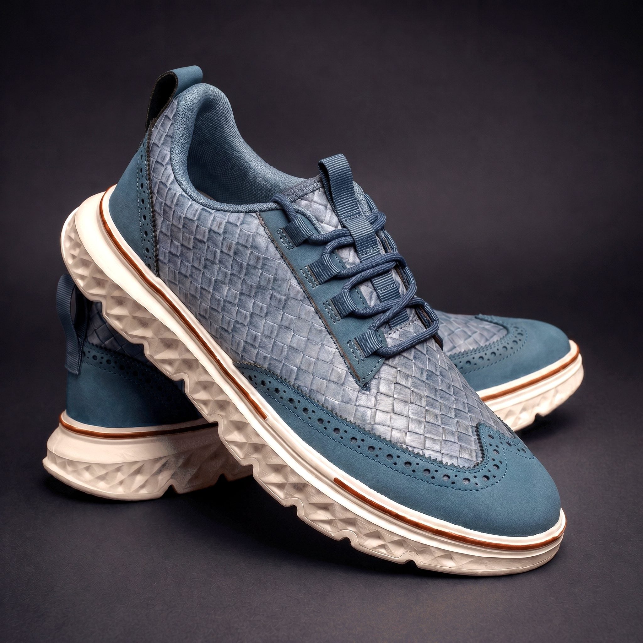Woven Wingtip Lace-Up Leather Shoes for Men - Blue