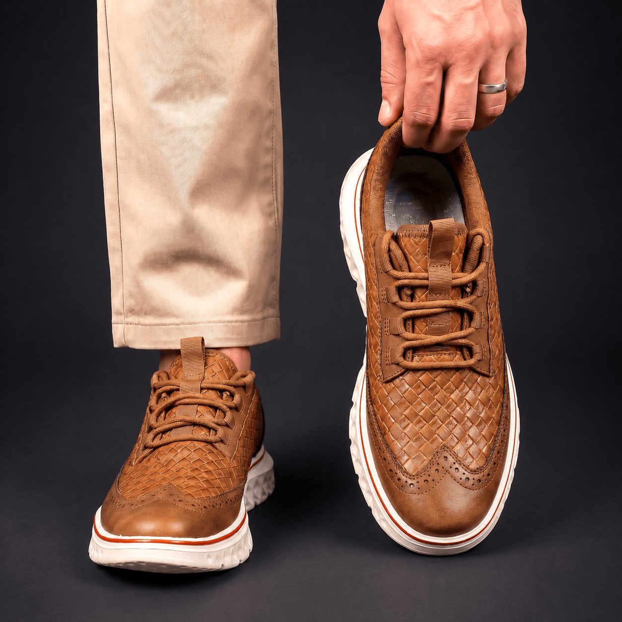 Woven Wingtip Lace-Up Leather Shoes for Men - View 3