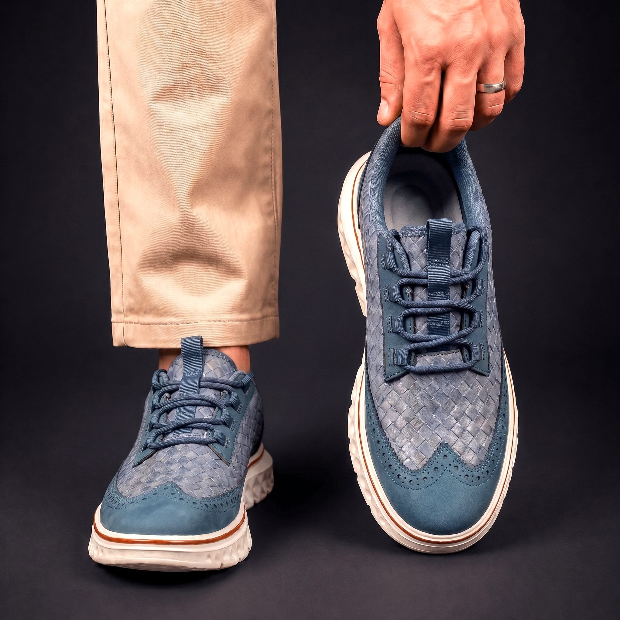 Woven Wingtip Lace-Up Leather Shoes for Men - View 6