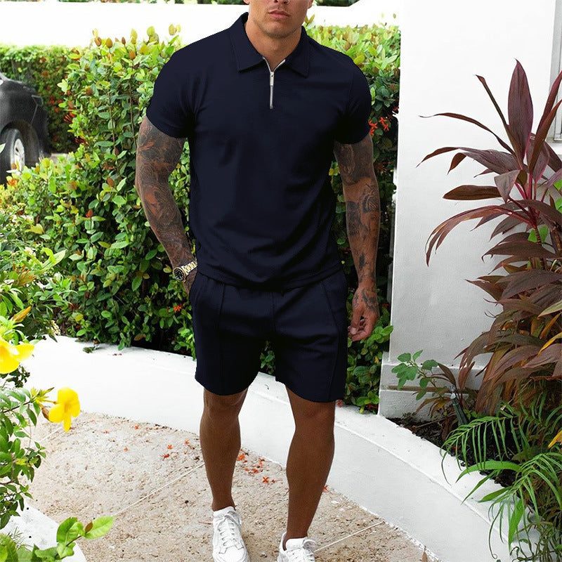 Zip-Up Polo and Shorts Set for Men - Dark blue