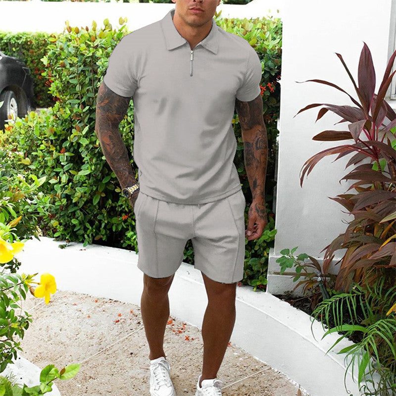 Zip-Up Polo and Shorts Set for Men - Light gray