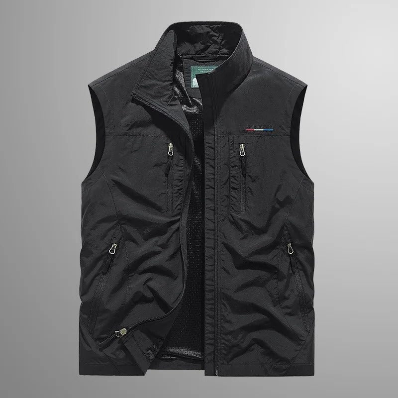 Zip-Up Stand Collar Cargo Vest for Men - Black