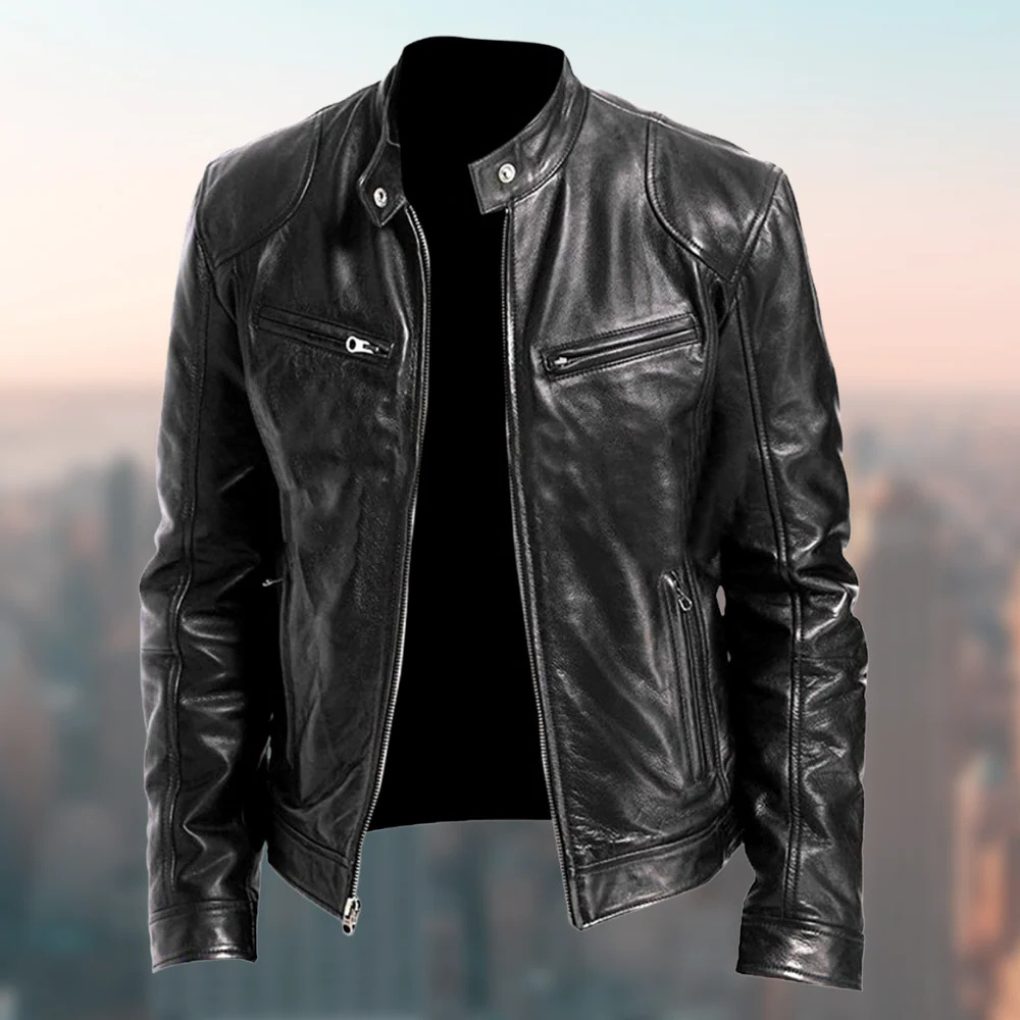 Zip-Up Stand Collar Leather Jacket for Men