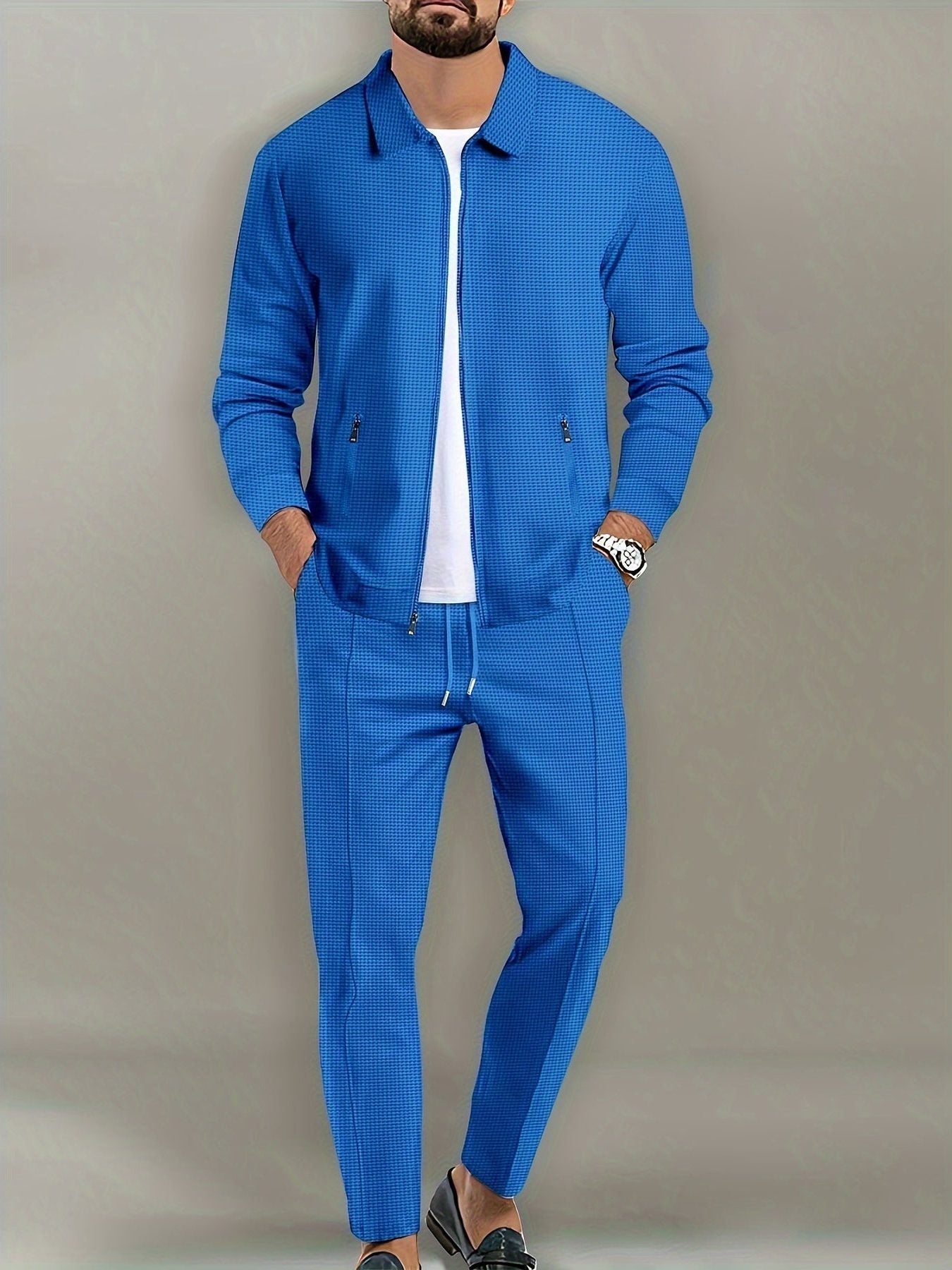 Zip-Up Textured Jogger Set for Men - Blue