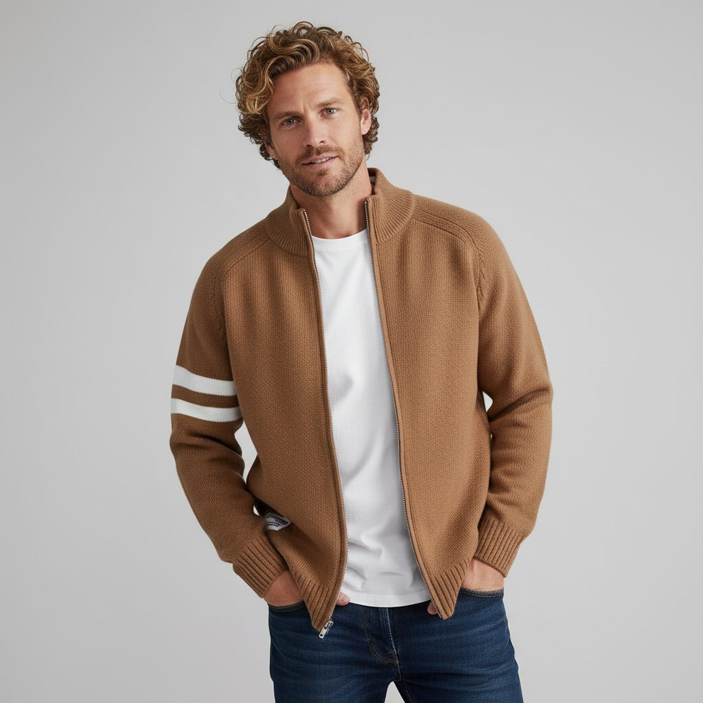 Zip-Up Wool-Blend Sweater with Ribbed Collar for Men