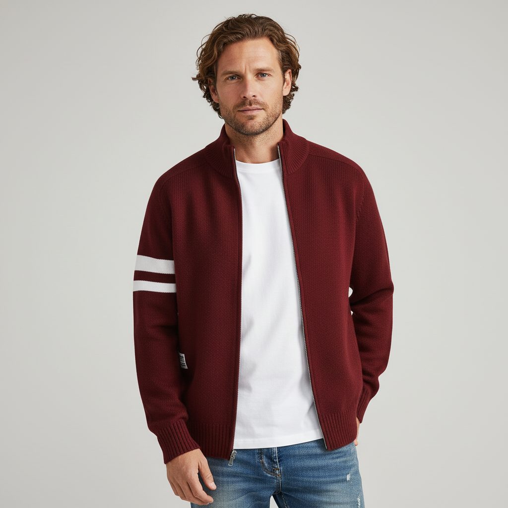 Zip-Up Wool-Blend Sweater with Ribbed Collar for Men - Maroon