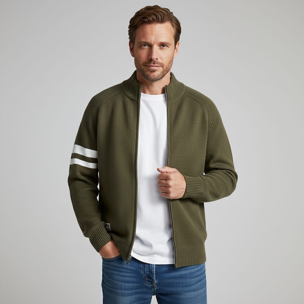 Zip-Up Wool-Blend Sweater with Ribbed Collar for Men - Army Green