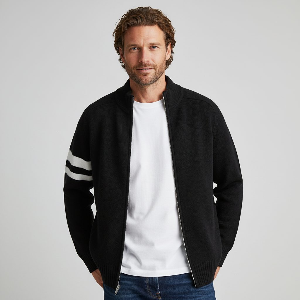 Zip-Up Wool-Blend Sweater with Ribbed Collar for Men - Charcoal